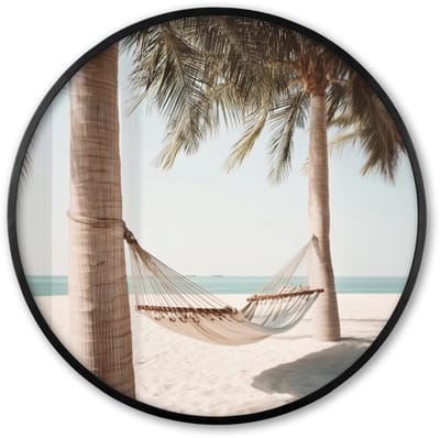 Poster in lijst Rond - Fotolijst 60x60 cm - Posters - Hangmat - Palmbomen - Strand - Zee - Ronde posterlijst zwart - Decoratie - Wanddecoratie woonkamer - Muurdecoratie slaapkamer