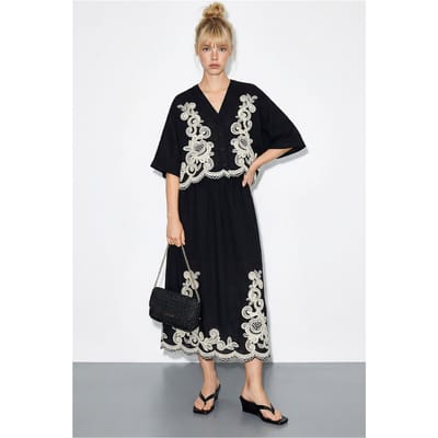 Oversized V-hals Geborduurde 3/4 Mouw Shirt en Wijde Pantalon Set