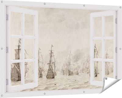 Gards Tuinposter Doorkijk De Zeeslag tegen de Spanjaarden bij Duinkerken - Willem van de Velde - 150x100 cm - Tuindoek - Tuindecoratie - Wanddecoratie buiten - Tuinschilderij