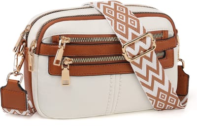 TAN.TOMI Dames Schoudertassen, Crossbody Tas, Crossbodytassen voor Dames met Verstelbare - Afneembare Brede Band - Wit/lichtbruin