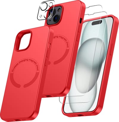 Hoesje Geschikt voor iPhone 15 Plus Magsafe hoes incl 2x gehard glazen screenprotector & 1x cameraLens protector – Rood