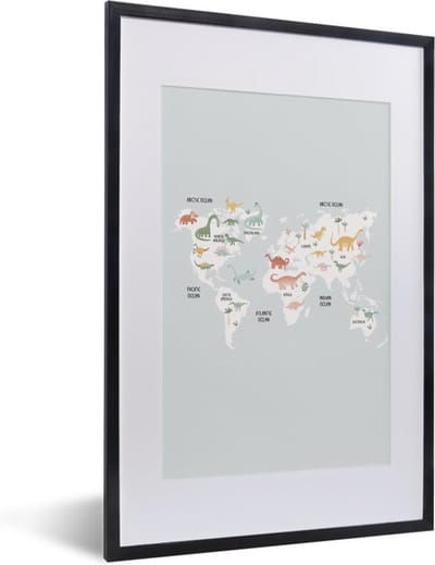 Poster in lijst - Fotolijst 40x60 cm - Posters - Wereldkaart - Kind - Dino - Posterlijst zwart - Decoratie - Wanddecoratie woonkamer - Muurdecoratie slaapkamer
