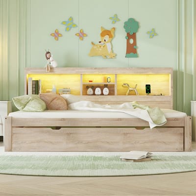 BLACKCOLORS Slaapbank dagbed rustbed 140x200cm sfeerverlichting met afstandsbediening opbergvak aan de zijkant van het bed uitschuifbaar bed stopcontact + USB zonder matras naturel