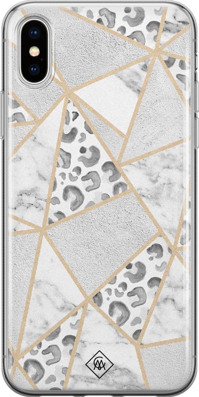 Casimoda® hoesje - Geschikt voor iPhone Xs Max - Stone & Leopard Print - Siliconen/TPU telefoonhoesje - Backcover - Luipaardprint - Bruin/beige