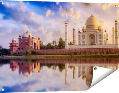 Gards Tuinposter Taj Mahal bij het Water in India - 90x60 cm - Tuindoek - Tuindecoratie - Wanddecoratie buiten - Tuinschilderij