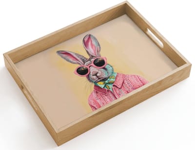 Dienblad hout 40x30 cm - Schootdienblad - Grijs - Konijn - Blouse - Strik - Borrelplank rechthoek - Plateau dienbladen