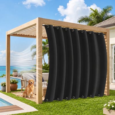 MUPOO Extra Brede Buitengordijnen Winddicht & Waterafstotend 254cm -Met Dubbele Fixatie Boven en Onder tegen Wind - Verduisterend & Isolerend - Outdoor Gordijnen voor Veranda, Balkon & Tuin - 254x244 cm - Zwart - 1 Stuk (Rideau Extérieur Imperméable)