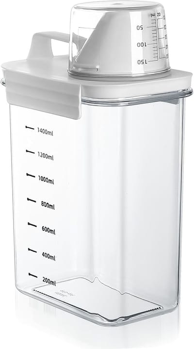 Famanu – Luchtdichte wasmiddeldispenser met maatbeker van 1800 ml, waspoeder opbergdoos, waspoederdispenser, waspoederkan, wasmiddeldoos, opbergcontainer voor wasmiddel, voercontainer