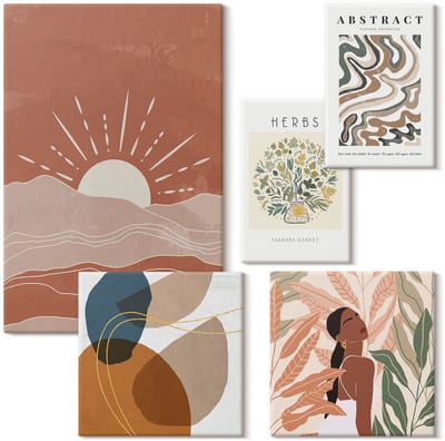 Wallfluent Set van canvas schilderijen - Boho-stijl met plantenmotieven en abstracte patronen Canvas Schilderijen Set - Set van 5 Canvas Schilderijen - Bruin Set van Canvas Prints - Abstractie Canvas Kunst Set - Boheemse Canvas Kunst Set