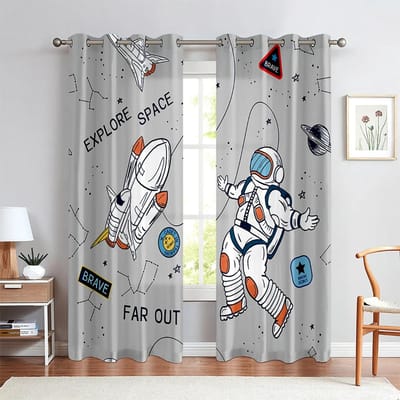 Cartoon Ruimte Gordijnen voor Jongens Meisjes Slaapkamer Speelkamer Woonkamer ,Kinderen Astronaut Planeet Sterrenhemel Kunst Bedrukte Raamgordijnen W60xH100(CM)x2pcs&Hook