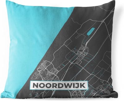 Buitenkussen - Plattegrond - Noordwijk - Grijs - Blauw - 45x45 cm - Weerbestendig - Stadskaart