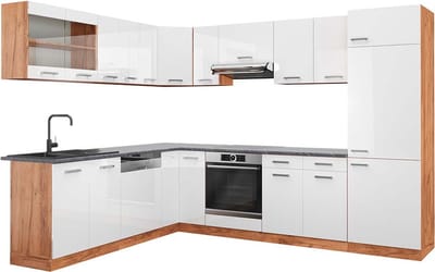 Vicco Hoekkeuken R-Line, Wit Hoogglans/Goudkleurig Eiken, 287 x 227 cm, WB Antraciet