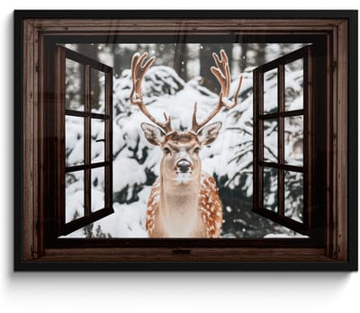 Poster in lijst - Fotolijst 70x50 cm - Posters - Hert - Sneeuw - Winter - Bos - Dieren - Doorkijk - Posterlijst zwart - Decoratie - Wanddecoratie woonkamer - Muurdecoratie slaapkamer
