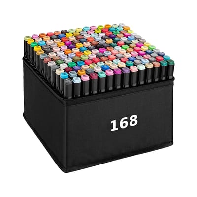 Alcoholmarkers Set 168 Stuks Dubbele Punt Beitelpunt Fijne Punt Meerdere Kleuren Kunstbenodigdheden voor Schetsen Tekenen Volwassenen Kinderen Manga Illustratie Ontwerp Kleuren Schilderen Beginners