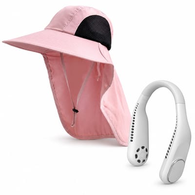 VHV - Zonnehoed en Ventilator Set - dames roze safarihoed met brede rand en kinband - Aparte nekventilator - Voor strand, reizen, wandelen