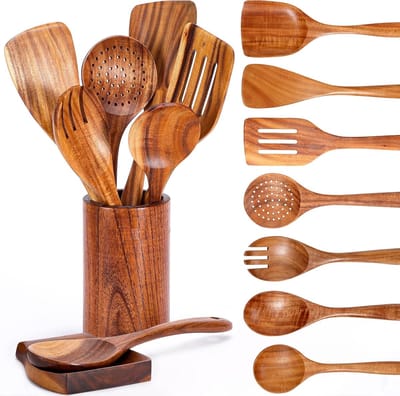 QTTVBTNA Keukengerei set 9 Delig - Houten - Acacia Hout – Spatels & Kooklepels – - Hittebestendig - Houten Kookgerei – voor Koken en Bakken – Geschikt voor Anti-Aanbak Pannen