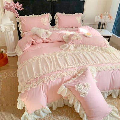 4-delige Koreaanse Prinses Stijl Bloemen Kant Ruches Beddengoed Set Queen King Dekbedovertrek Bedrok/Laken/Hoeslaken Kussensloop US Full size 4 pcs