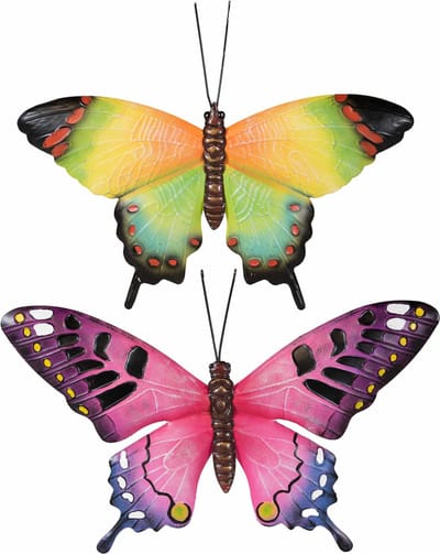 Tuindecoratie vlinders - 2x - metaal - roze en groen - 48 x 30 cm - wand/schutting