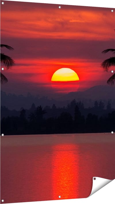 Gards Tuinposter Zonsondergang op het Strand met Palmbomen - 100x150 cm - Tuindoek - Tuindecoratie - Wanddecoratie buiten - Tuinschilderij
