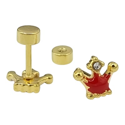 Kinderoorbellen meisje - Kroontje prinses - Rood emaille - Hypoallergeen premium gold-plated staal - 7 x 7 mm - Goudkleurig