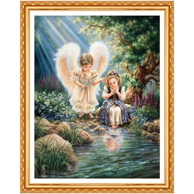 Motif Diamant Rond Strass Broderie Peinture DIY Point de Croix Deux Anges Broderie Diamant 20X30CM black