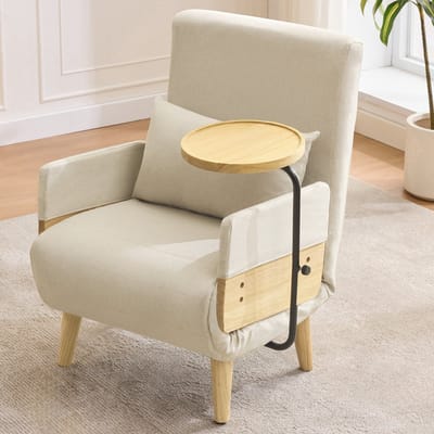 Wishdor - Slaapstoel - 3-In-1 Verstelbare Fauteuil Met Draaibaar Houten Blad - Voor Woonkamer Of Slaapkamer - Linnen - Beige - 88 X 74,5 X 66 Cm