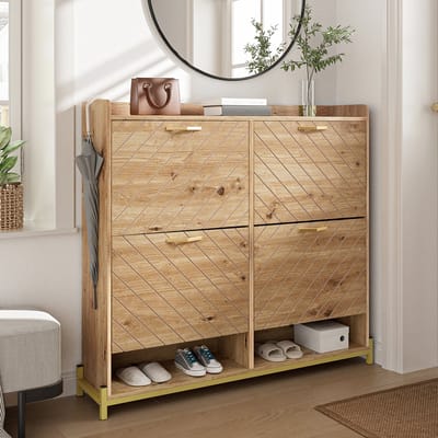 MODENUIT Schoenenkast - 4 Deuren Met Opbergruimte - Voor Hal En Slaapkamer - MDF Houtkleur - 108,5x24x100 Cm
