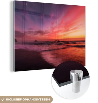 MuchoWow® Glasschilderij 40x30 cm - Schilderij acrylglas - Strand - Zee - Natuur - Avond - Foto op glas - Schilderijen