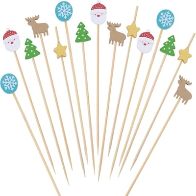 QTTVBTNA - Bamboestokken - Kerstpatroon - Fruit Picks - cocktailprikkers - Party Accessoires - Voor kerst, feest & verjaardag - 12cm - 100 Stuks