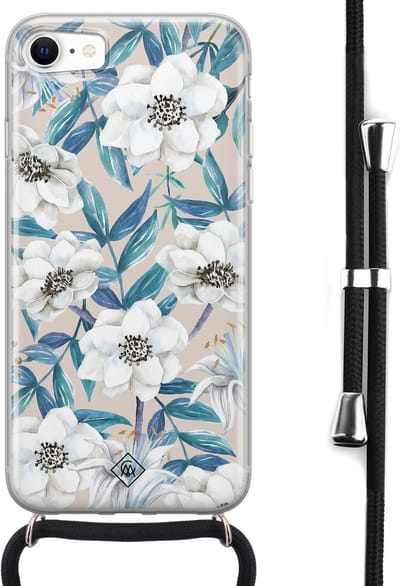 Casimoda® hoesje met koord - Geschikt voor iPhone SE (2020) - Bloemen / Floral blauw - Afneembaar koord - Siliconen/TPU - Blauw