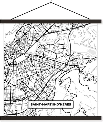 Posterhanger incl. Poster 60x60 cm - Schoolplaat - Stadskaart - Frankrijk - Kaart - Plattegrond - Saint-Martin-d'Hères - Zwart wit - Textielposter - Zwarte latten - Stadskaart