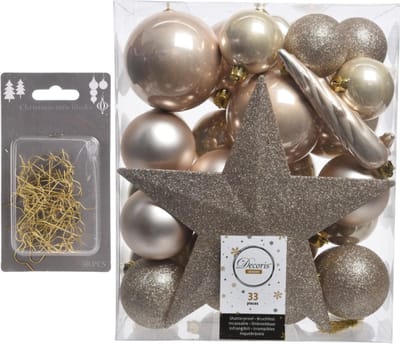 33x stuks kunststof kerstballen 5, 6 en 8 cm parel champagne inclusief ster piek en kerstbalhaakjes - Kerstversiering - Onbreekbaar