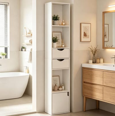 HAUSS SPOLE Boekenkast - Smalle Hoge Opbergkast Met Open Vakken, 2 Lades En Deurkast - Voor Woonkamer En Kantoor - Hout - 30x24x157,5 Cm - Wit