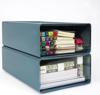 Set van 2 bureauladendozen a4 groot, kunststof ladedozen met laden, stapelbaar, opbergdoos met lade voor briefpapier en andere kantooraccessoires, transparant blauw