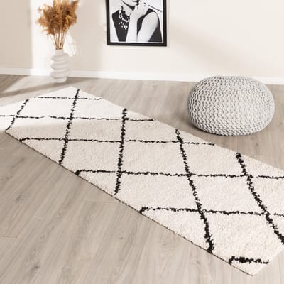 Fraai Hoogpolige loper - Grand Lines Creme/Zwart - 80x300cm