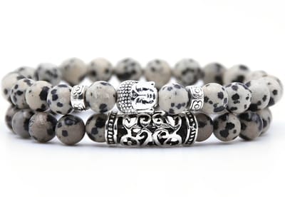 Kralen Armband met Buddha Beeld - Wit Gevlekt - Natuursteen - Boeddha Sieraden - Armbanden Heren Dames - Kralenarmband - Papa Cadeau Voor Mannen - Vaderdag