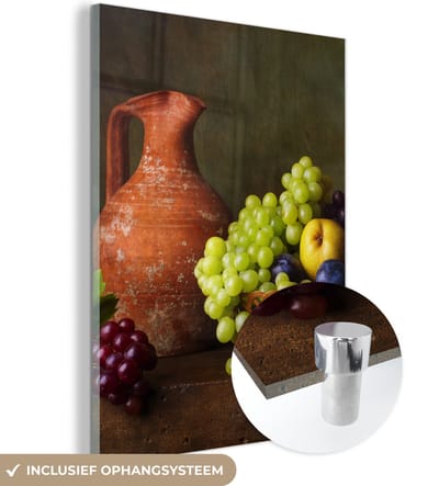 MuchoWow® Glasschilderij 120x160 cm - Schilderij acrylglas - Rustiek - Fruit - Kan - Mand - Stilleven - Foto op glas - Schilderijen