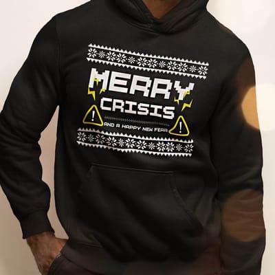 Foute Kerst Hoodie Zwart Merry Crisis & A Happy New Fear XS - Uniseks Pasvorm - Kerstkleding Voor Dames & Heren