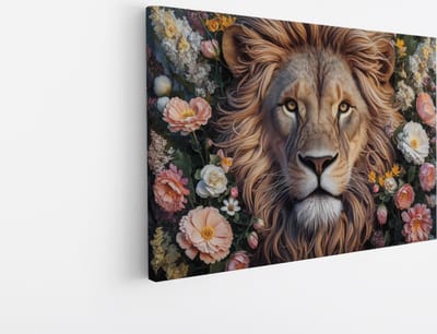 Saammp Canvas Schilderij - Abstracte Leeuw tussen de bloemen - Dieren - Natuur - 45x30 - Foto op canvas - Wanddecoratie - Muurdecoratie Woonkamer - Slaapkamer decoratie - Canvas Print
