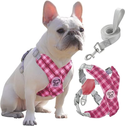 Zachte en Ademende Hondenharnas en Leash Set voor Kleine en Middelgrote Honden, Verstelbaar en Comfortabel, Ideaal voor Wandelen en Uitjes, Roze Ruitpatroon