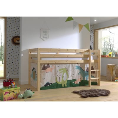 LUCEVI - Pino Halfhoogslaper H115CM + Ladder + Dino Gordijntjes - Bruin - 90x200 cm