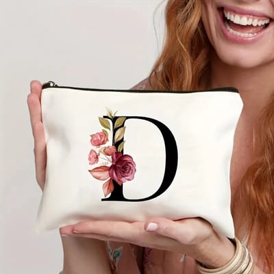 Gepersonaliseerde make-up tasjes van A tot Z - Verjaardagscadeaus - Unieke cadeaus voor bruiden en bruidsmeisjes, met bloemenmotieven, geschikt als bedankjes en voor het organiseren van cosmetica,letter D