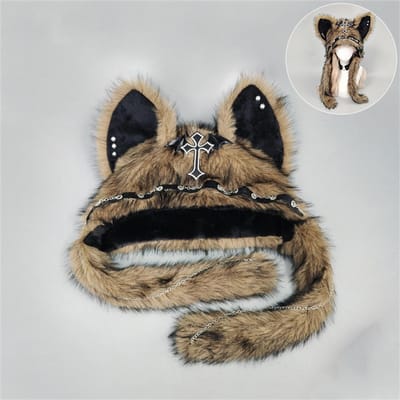 Nieuwe Gotische Punk Kattenoor Hoed Met Kruis Vleugel Ketting Decoratie Pluche Warme Wintermuts Voor Alternatieve Meisjes Y2K Rock Muziek Festival One Size black