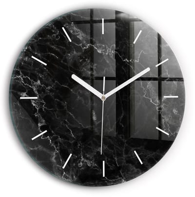 Wallfluent Wandklok - Donker marmer Klok met Afbeelding - 30 cm x 30 cm - Zwart Wandklok - Witte Handen - Wandklok Zonder Cijfers - Kinder Wandklok Glas - Ronde Glas Klok - Industrieel Wandklok - Unieke Wandklok