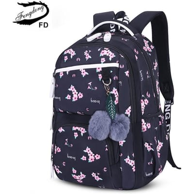 schattige bloemige schooltassen voor tienermeisjes zwarte bloemige schoolrugzak voor meisjes bontbal decoratie kinder tas meisjescadeau