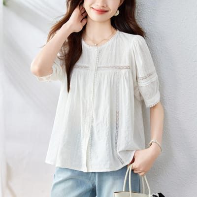 Haut blanc en pur coton français pour femme à manches courtes avec manches bouffantes en dentelle fine XL blanc