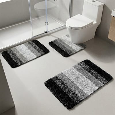 Luxe Badmat Set 3-Delig – Microvezel Badkamermatten – Antislip TPR – Super Zacht – Waterabsorberend – Machinewasbaar – Badkamer & Toiletmat – Donkergrijs/Zwart