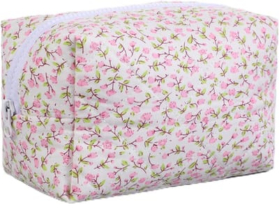 Floral Patroon Cosmetica Tas voor Vrouwen, Draagbare Toilettas voor Reizen, Kleine Make-up Tas in Roze met Ruimte voor Benodigdheden