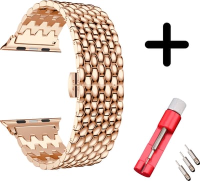 Strap-it Draken stalen band - Geschikt voor Apple Watch bandje - Series 1/2/3/4/5/6/7/8/9/10/11/SE/SE2/SE3 - Rose Gold - Metalen schakel band met draken patroon - maat: 38 / 40 / 41 / 42mm - Met inkorter toolkit