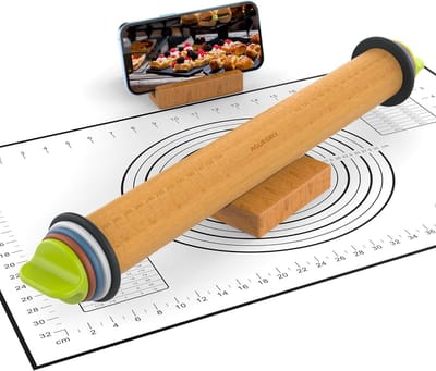 Verstelbare Deegroller met 4 Dikte Ringen en Gebak Bakmat - 34,5 cm